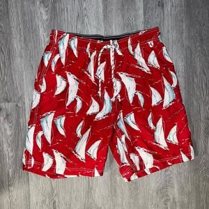 Men's Lands' End Red Lined Bathing Suit Swim Trunks M Medium 32-34